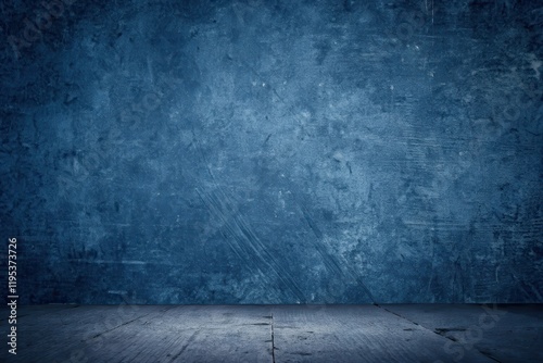 A Dark Blue Textured Wall with a Weathered Wooden Floor Provides a Dramatic Background for Various Designs