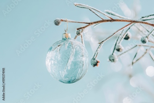 Frosty winter scene with ice-covered ornament on branch
