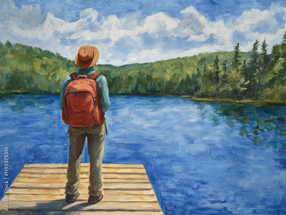 Traveler standing on a wooden dock by a tranquil lake surrounded by lush green forests in bright daylight Traveler standing on a wooden dock by a tranquil lake surrounded by lush green forests in bright daylight