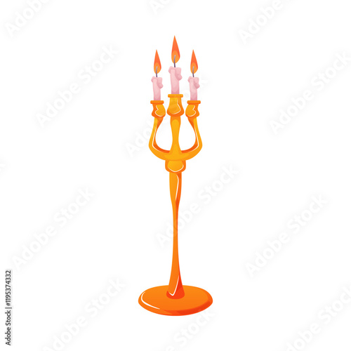 Gold floor candelabra or candle holder with burning candles.