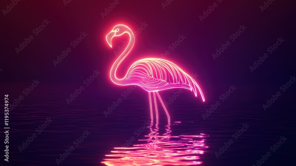 Fototapeta premium Vibrant neon flamingo stands gracefully in the reflecting water at night