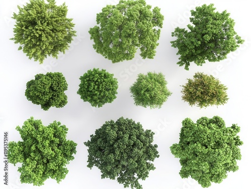 realistic 3d rendering of large trees top view collection with detailed foliage isolated on white background for landscape design