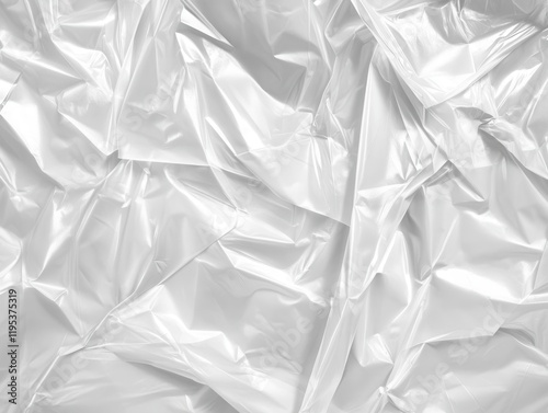 realistic white plastic wrap texture with transparent stretch film effect, crumpled surface and light reflections for package design