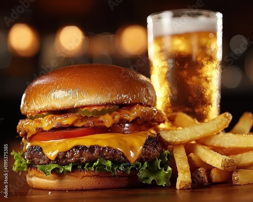 Savoring a delicious cheeseburger and beer combo restaurant food photography cozy atmosphere close-up shot