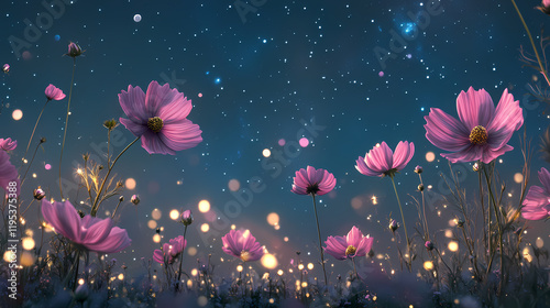 Enchanting night sky with pink cosmos flowers and sparkling stars in a dreamy landscape. Nightbloom. Illustration photo