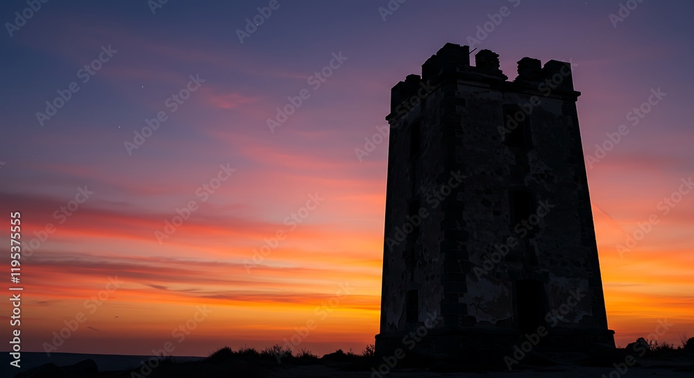 Obraz premium Silhouetted ancient stone tower against vibrant sunset with warm orange and pink hues, concept for travel brochure, landscape photography and architectural inspiration