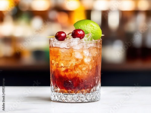 refreshing cape codder cocktail with fresh cranberries and lime garnish served in crystal glassware on elegant white surface photo