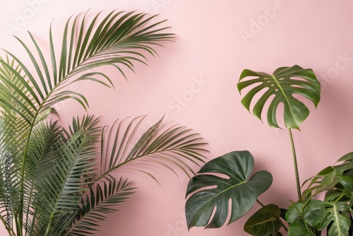 Tropical foliage arranged against a pale pink backdrop