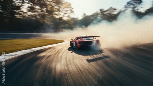 Race car speeds around a winding track leaving a trail of smoke in the late afternoon sun