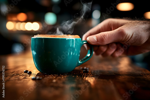 Nahaufnahme einer Hand, die eine dampfende Tasse Kaffee auf einem Holztisch in einem gemütlichen Café hält  
 photo