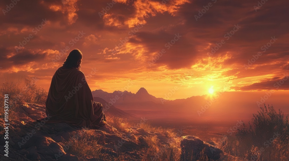 serene depiction of jesus christ praying in a tranquil desert under a stunning sunset sky. the illustration captures a moment of spiritual reflection and peace in a beautiful natural setting