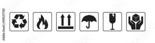 Flat packaging icons. Collection of warning signs on cardboard boxes or packaging of goods such as fragile cargo, maximum piles, avoidance of water, and others.