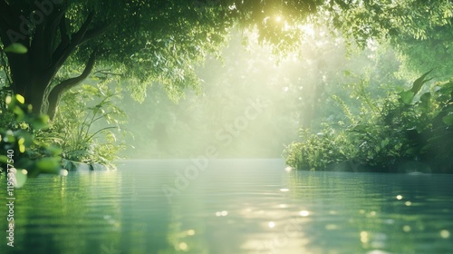 serene lake scene with radiant reflections of sunlight dancing on the water's surface, surrounded by lush greenery, evoking peace and tranquility