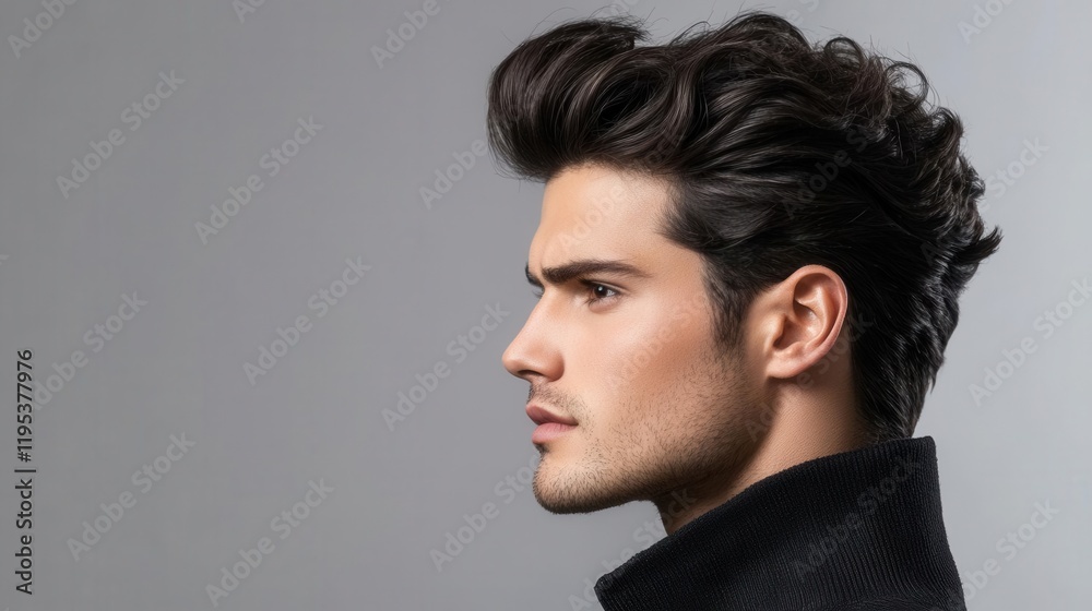 side view of a man showcasing a flawlessly styled textured quiff hairstyle, highlighting the volume and movement of the hair, against a neutral backdrop for focus on detail side view of a man showcasing a flawlessly styled textured quiff hairstyle, highlighting the volume and movement of the hair, against a neutral backdrop for focus on detail