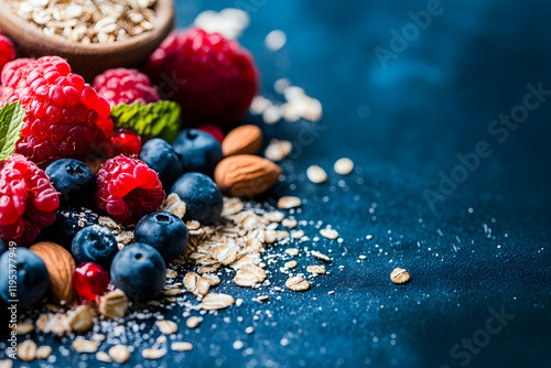 Frische Beeren, Haferflocken und Mandeln auf dunklem Hintergrund – Gesunde Frühstückszutaten  

 photo