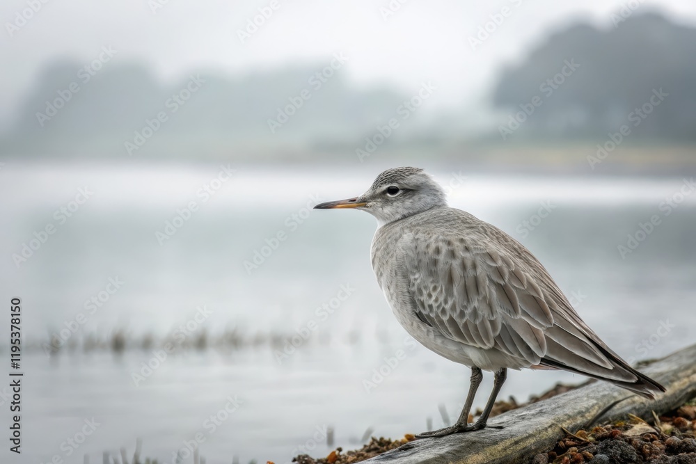 Obraz premium A solitary grey bird perches on weathered wood near a misty water's edge, observing its serene surroundings.