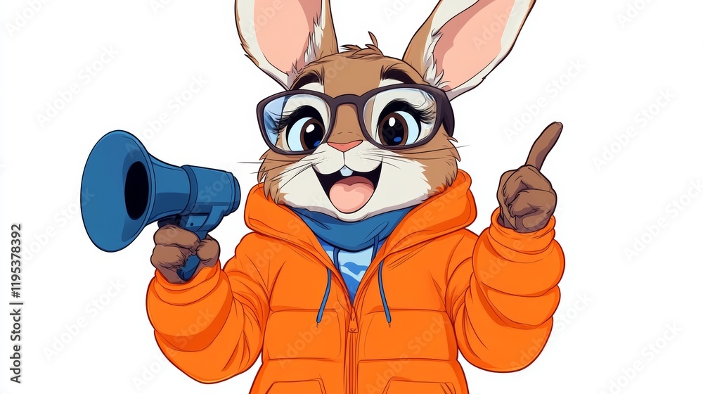 Naklejka premium A cheerful cartoon rabbit in an orange puffer jacket holds a megaphone and points, ready to make an announcement!