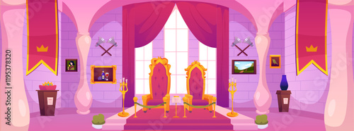 Vector interior of the castle with two thrones on a pedestal, tapestries and candlesticks