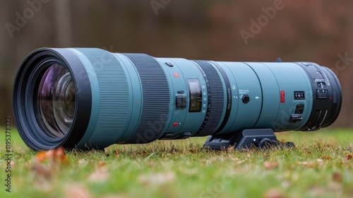 Telephoto zoom lens on grass. photo