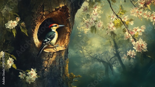 Woodpecker engaging in tree trunk excavation at dawn amidst blooming flowers photo