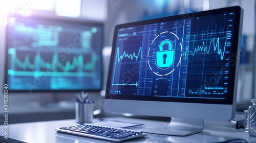 Computer Security Icon on Screen with Lock Symbol and Data Graphs