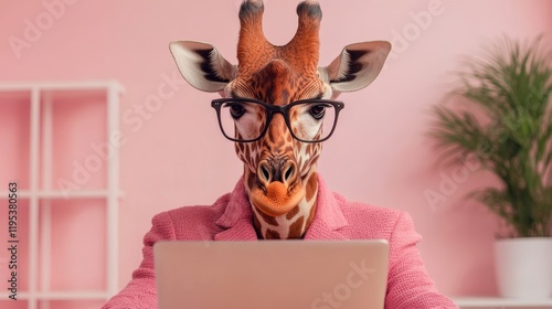 A giraffe in glasses works on a laptop in a pink room.  Humorous and stylish image.