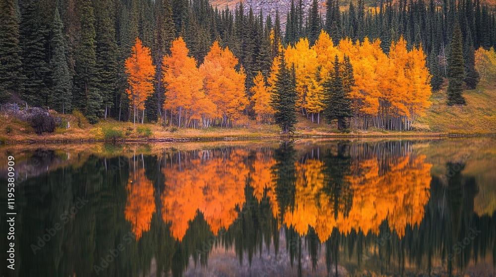 Obraz premium stunning autumn landscape featuring a serene forest lake reflecting fiery orange and yellow trees, capturing the essence of fall in a tranquil environment