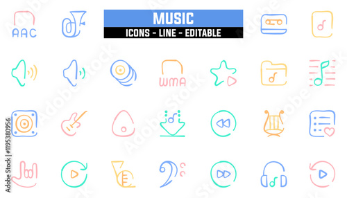 Set of 25 line icons music. Editable stroke. Vector illustration