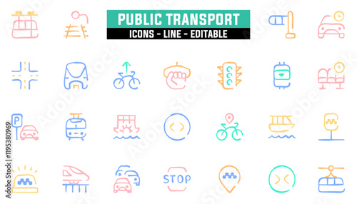 Set of 25 line icons public transport. Editable stroke. Vector illustration