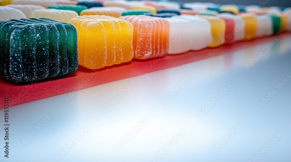 Obraz premium Colorful Jelly Cubes Sugary Sweets Candy Assortment Delicious Treats Red Background