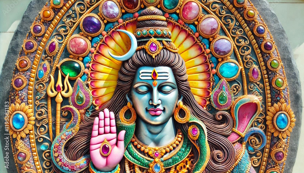 beautiful portrait of Hindu religion god Shiva or shiv,decoration with color gem stone, sapphire and ruby jewels and ornate, for Hindu religion festival maha shivratri concept beautiful portrait of Hindu religion god Shiva or shiv,decoration with color gem stone, sapphire and ruby jewels and ornate, for Hindu religion festival maha shivratri concept
