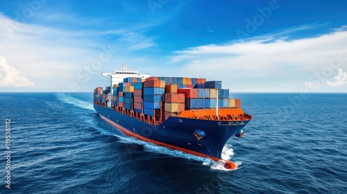 Large cargo ship with colorful shipping containers sailing through calm blue ocean under clear sky © khonkangrua