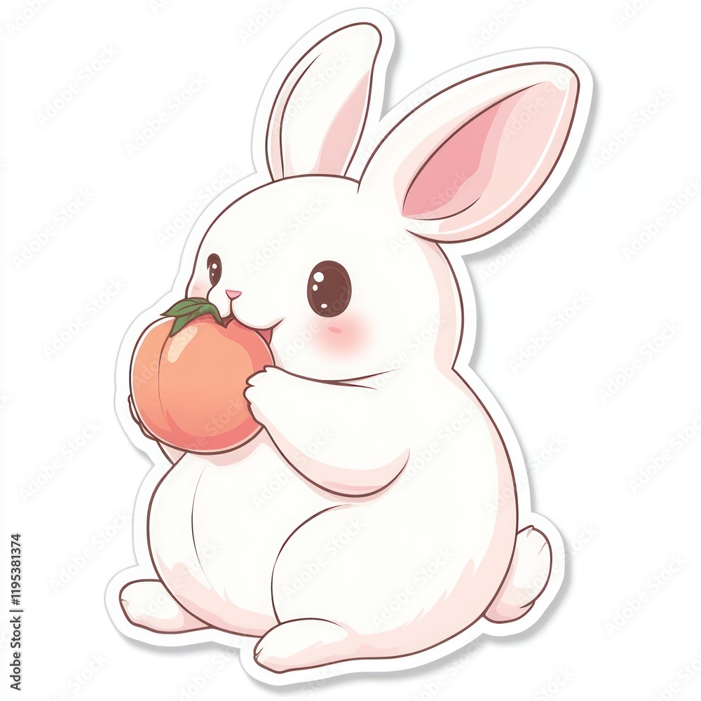 White rabbit eats peach, simple background; illustration for stickers White rabbit eats peach, simple background; illustration for stickers