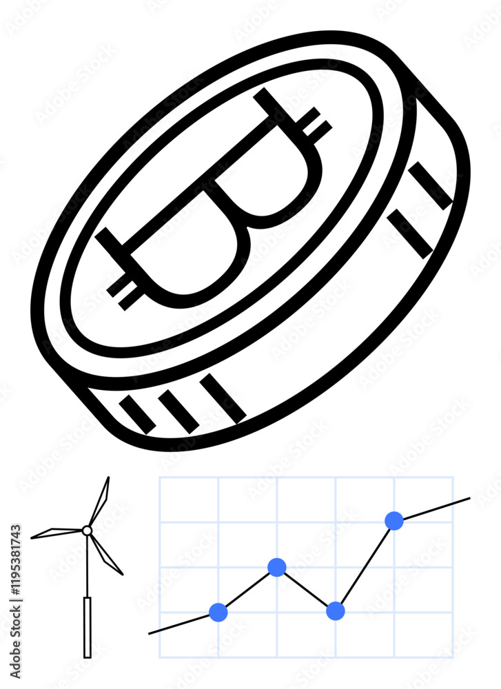Bitcoin coin, line chart with rising points, and a wind turbine combining themes thumbs up cryptocurrency, renewable energy, and financial growth. Ideal for finance, ecology, trends, sustainability