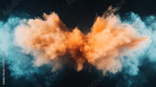 Abstract explosion of orange and teal powder against a dark background. A dynamic and colorful image.