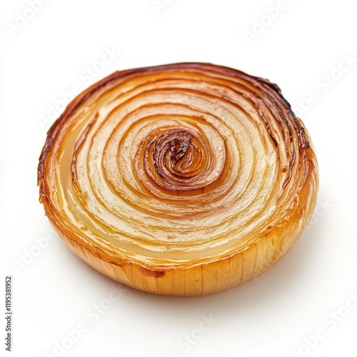 Single slice of perfectly roasted caramelized onion on a white background showcasing its golden-brown layers