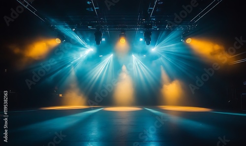 An empty stage club with blue and yellow bright stage  lights and lights beams through a smoky atmosphere background