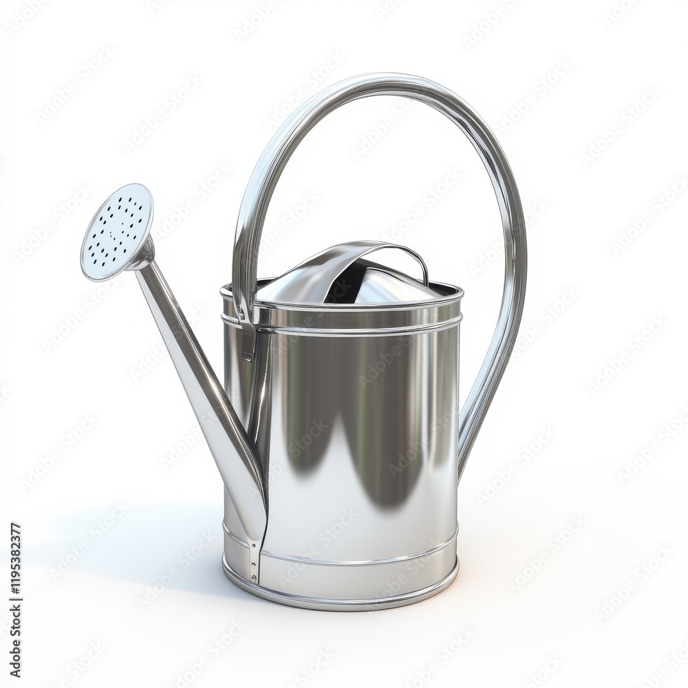 Shiny metal watering can with a long spout perfect for garden use and plant care in bright settings Shiny metal watering can with a long spout perfect for garden use and plant care in bright settings