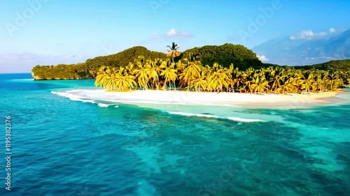 A serene tropical island with palm trees and clear turquoise waters under a blue sky.