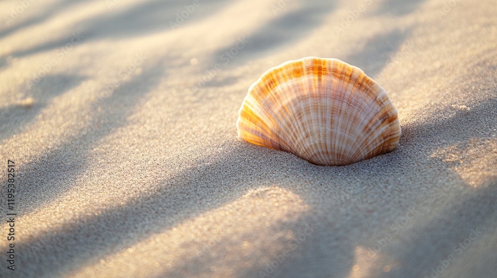 Lone seashell resting on soft beach sand with tranquil ocean waves in the background capturing coastal serenity and simplicity Lone seashell resting on soft beach sand with tranquil ocean waves in the background capturing coastal serenity and simplicity