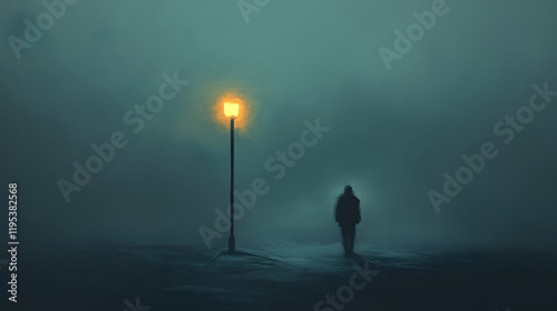 A man trudging through a dense fog, the faint glow of a distant lamppost barely piercing the thick mist, his hunched posture and dragging footsteps conveying utter hopelessness