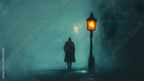 A man trudging through a dense fog, the faint glow of a distant lamppost barely piercing the thick mist, his hunched posture and dragging footsteps conveying utter hopelessness