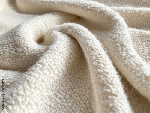 textured close-up of soft sheep wool fabric, showcasing its natural cream color and luxurious feel, highlighting the warmth and comfort of raw sheepskin material