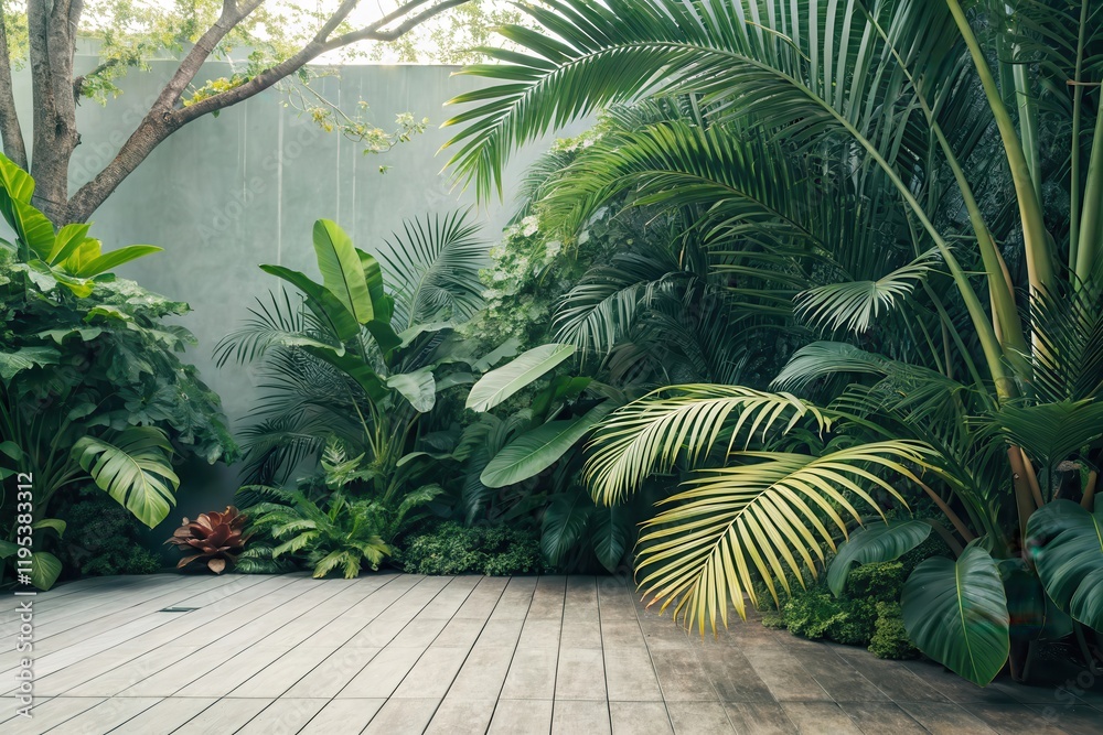 Fototapeta premium Lush Tropical Garden with Wooden Deck Flooring, Ideal for Relaxation and Tranquility