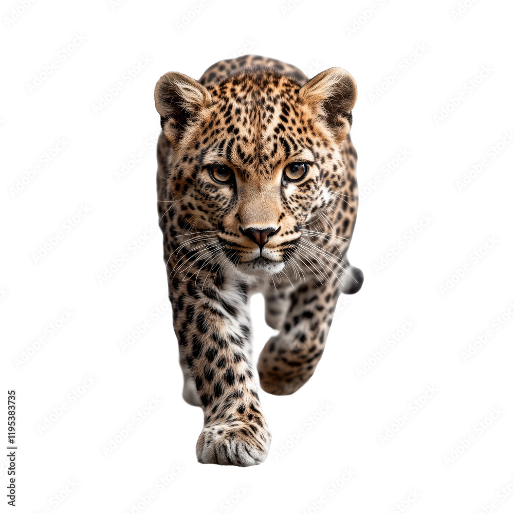 Close-Up of a Majestic Leopard Walking Forward with Intense Gaze and Beautiful Spotty Fur on a White Background Capturing Wildlife's Grace and Strength Close-Up of a Majestic Leopard Walking Forward with Intense Gaze and Beautiful Spotty Fur on a White Background Capturing Wildlife's Grace and Strength
