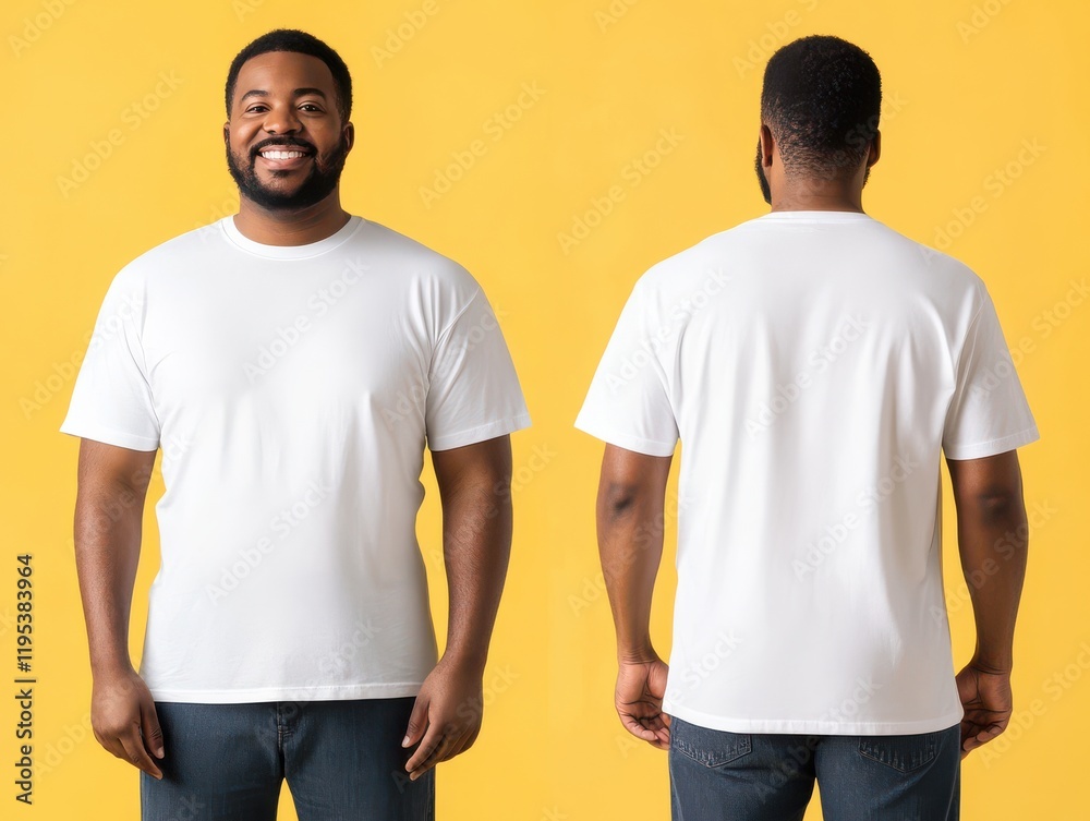 white t-shirt mockup for man plus size A smiling man showcases a plain white t-shirt against a bright yellow background, viewed from the front and back. white t-shirt mockup for man plus size A smiling man showcases a plain white t-shirt against a bright yellow background, viewed from the front and back.