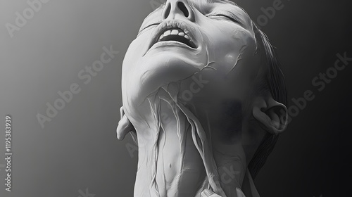 A woman with her head thrown back, tears streaming, her hands gripping her throat as if suppressing a scream, veins visible on her neck