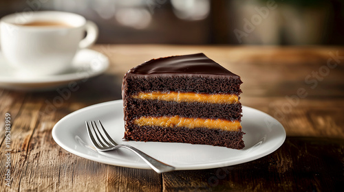 Slice of sacher cake with apricot filling and coffee on wooden table