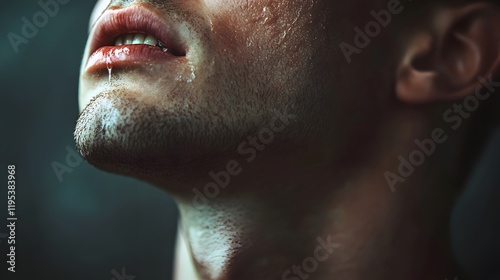 A close-up of a person s flushed face, their teeth clenched, veins bulging from their neck, and a single tear streaming down their cheek