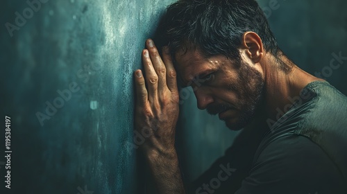 A man standing with one hand pressed against a wall, veins prominent on his forearm, his face turned away but radiating tension and frustration photo